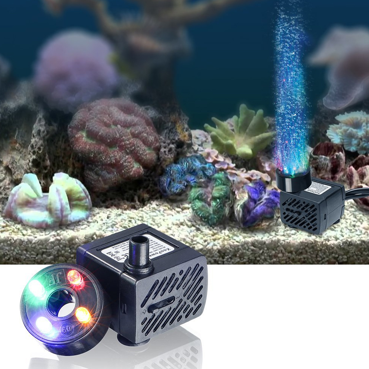 Aquarium mit zwei Pumpen. Eine mit Lichtern, die andere mit einem Blasenstrom.