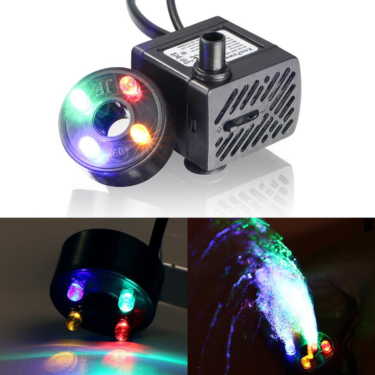 Ein Brunnen mit schwarzer Pumpe und farbigem LED-Lichtring. Weißer Hintergrund.