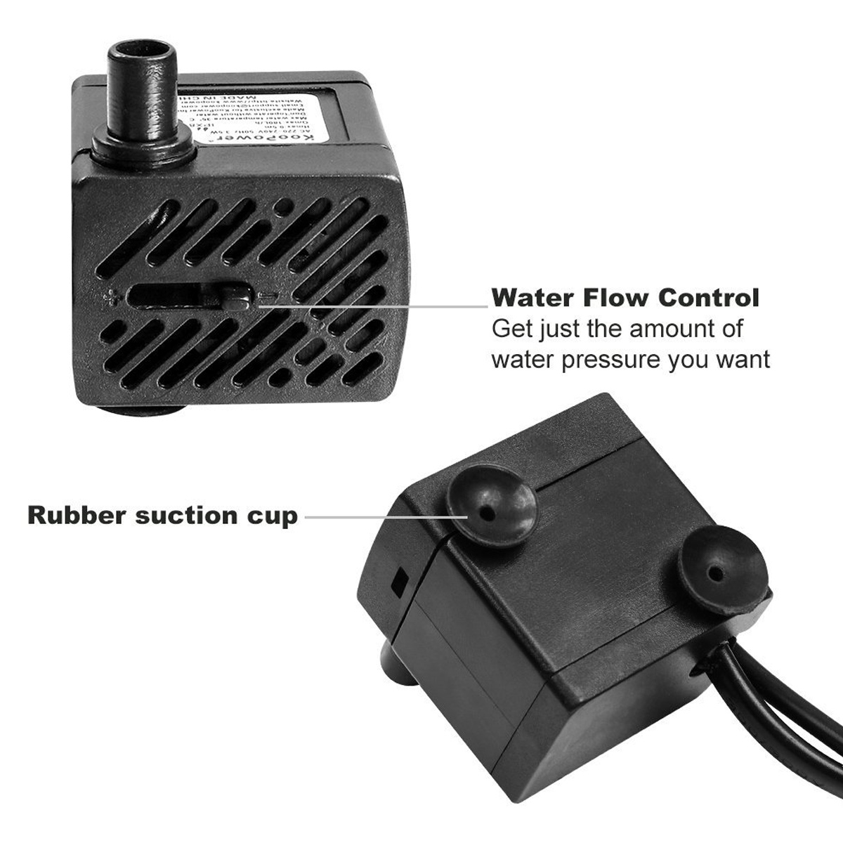 Schwarze Wasserpumpe mit Wasserdurchflussregelung und Gummisaugfüßen.
