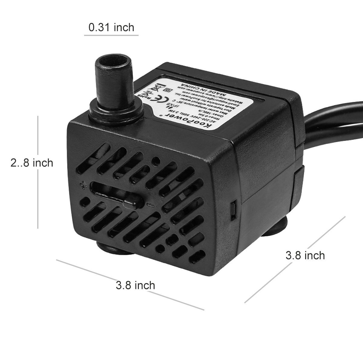 Eine schwarze, quadratische Wasserpumpe mit Maßen. Sie hat eine Düse und ein Netzkabel.