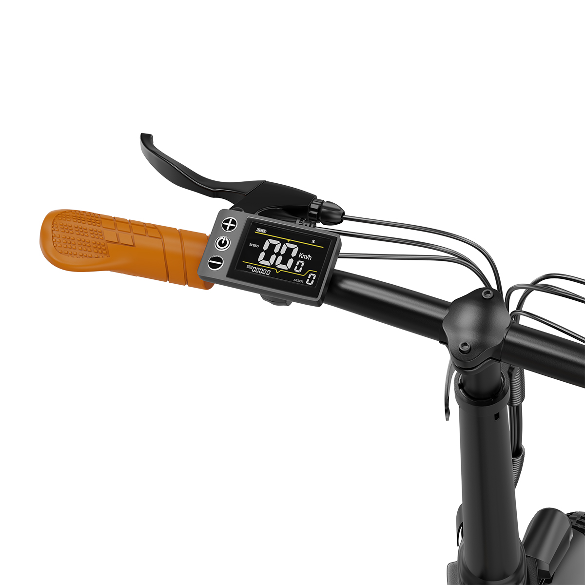 Manubrio di una bici con display digitale. Impugnatura arancione e leva freno nera.