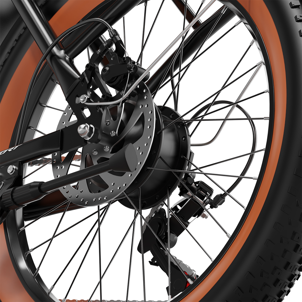 Un primo piano di una ruota di bicicletta con pneumatico arancione, telaio nero e freni a disco.