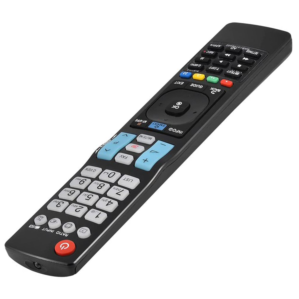 Schwarze Fernbedienung mit Zahlen und Tasten, TV-Eingang und Smart-TV-Tasten.