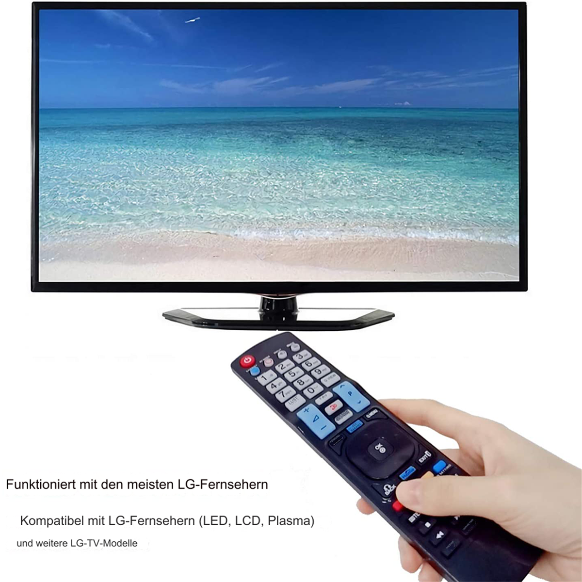 TV-Bildschirm und Fernbedienung. Strandszene auf dem Bildschirm. Text unten sagt, dass es mit den meisten LG TVs funktioniert.
