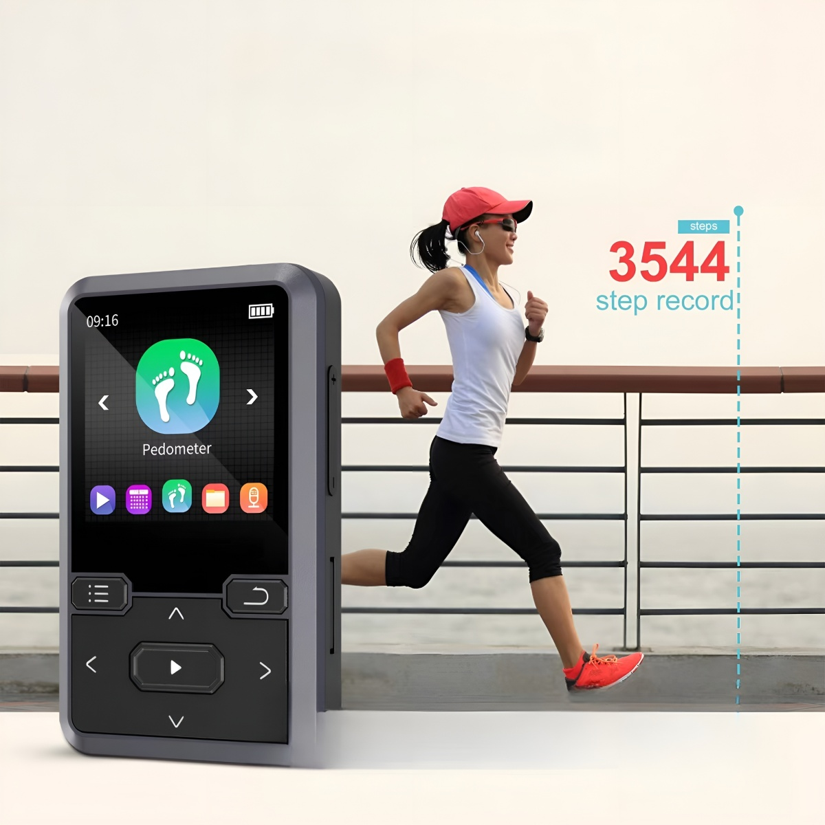 Person rennt mit Fitness-Tracker, Text sagt 3544 Schritte, im Freien.