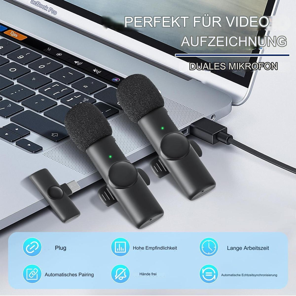 Zwei schwarze drahtlose Mikrofone, die mit einem Laptop verbunden sind, mit Zubehör und Info-Symbolen.