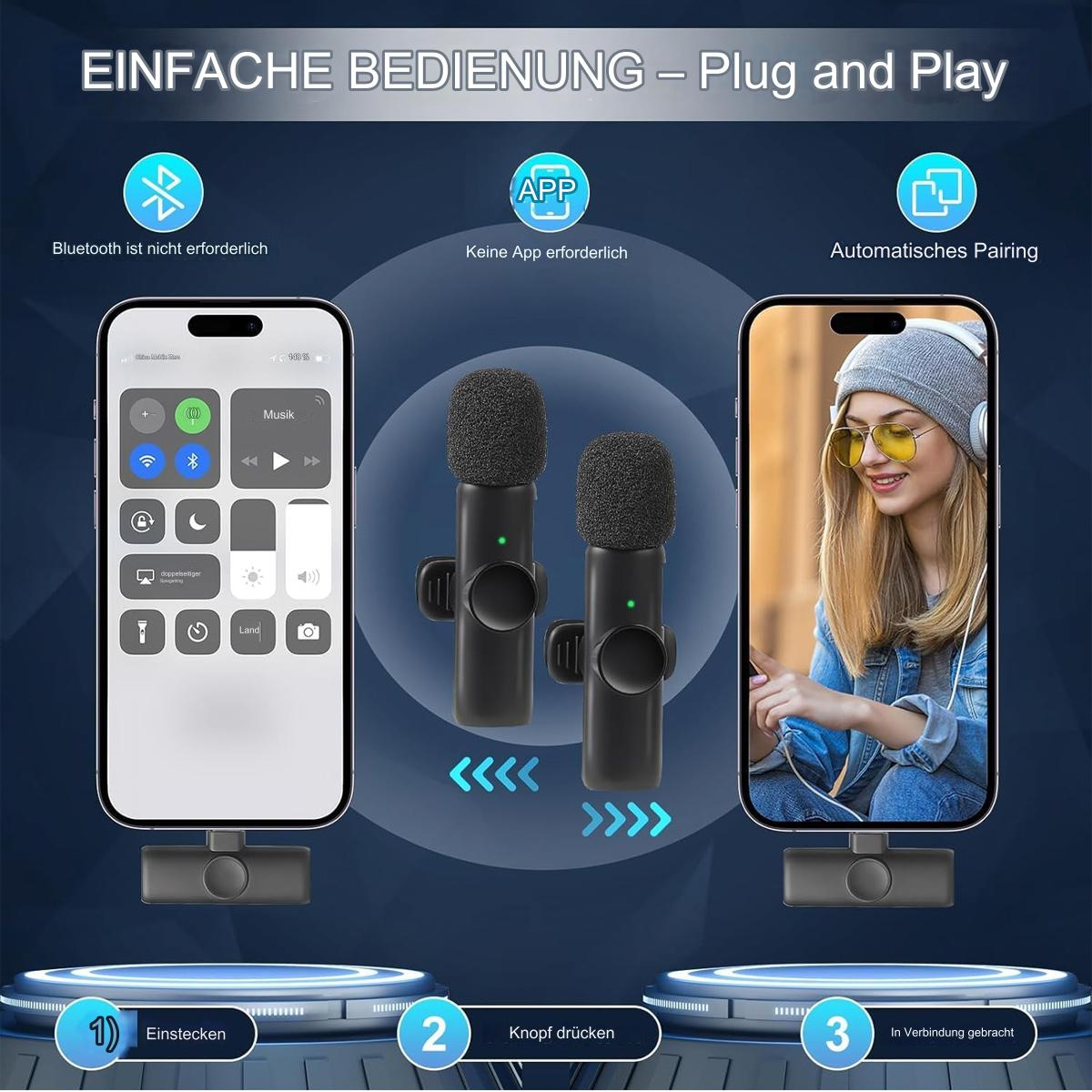 Zwei drahtlose Mikrofone, die mit Telefonen verbunden sind, mit Anweisungen. Zeigt, dass Bluetooth nicht benötigt wird.
