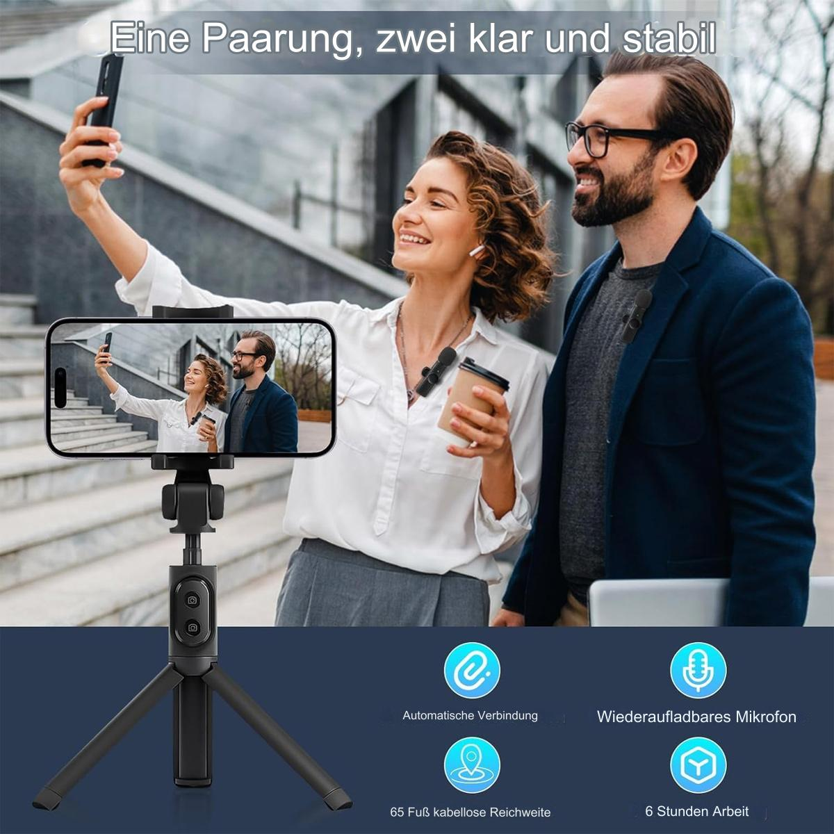 Ein Paar macht ein Selfie mit einem Telefon auf einem Stativ, mit Mikrofon und 6 Arbeitsstunden.