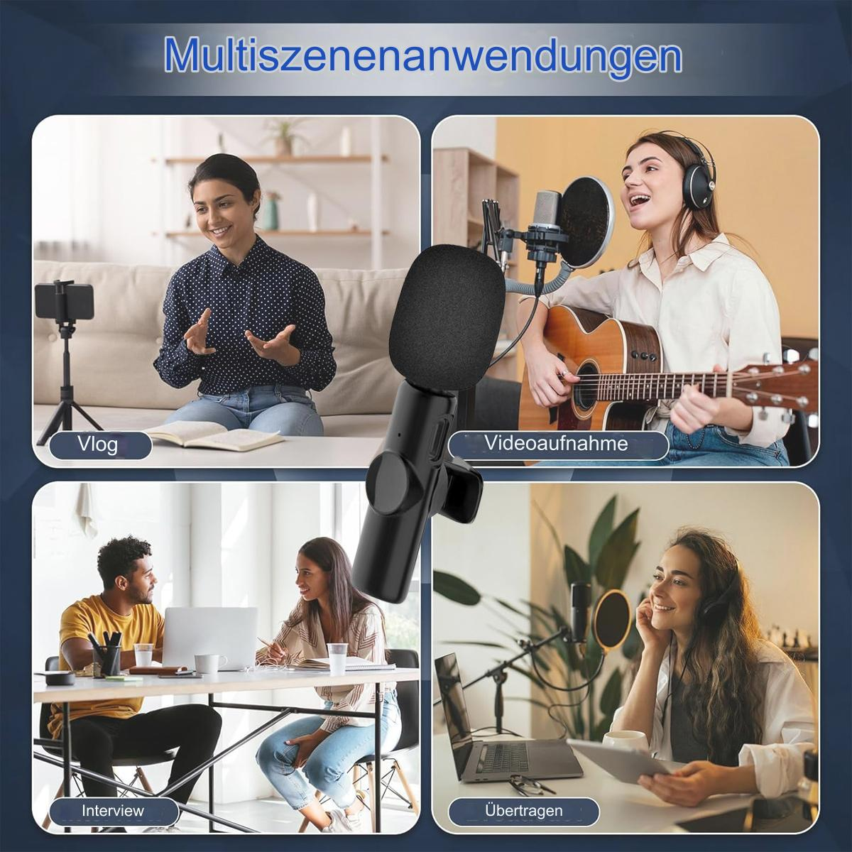 Vier Szenen: Vlogger, Videoaufzeichnung, Interview und Datenübertragung. Ein Mikrofon befindet sich in der Mitte.