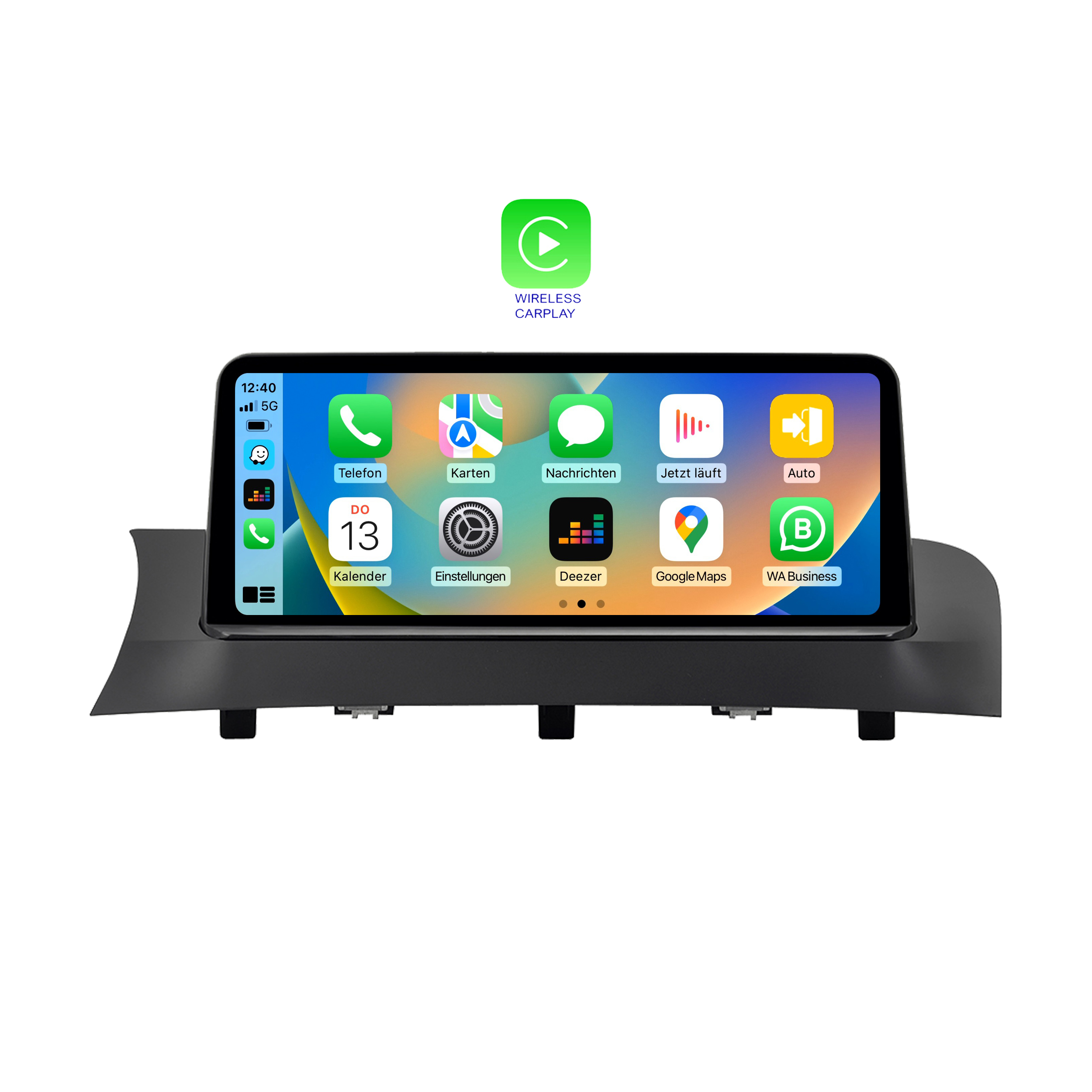 Multimediascreen für Autos, der eine Telefonschnittstelle mit App-Symbolen anzeigt, schwarzer Rahmen.