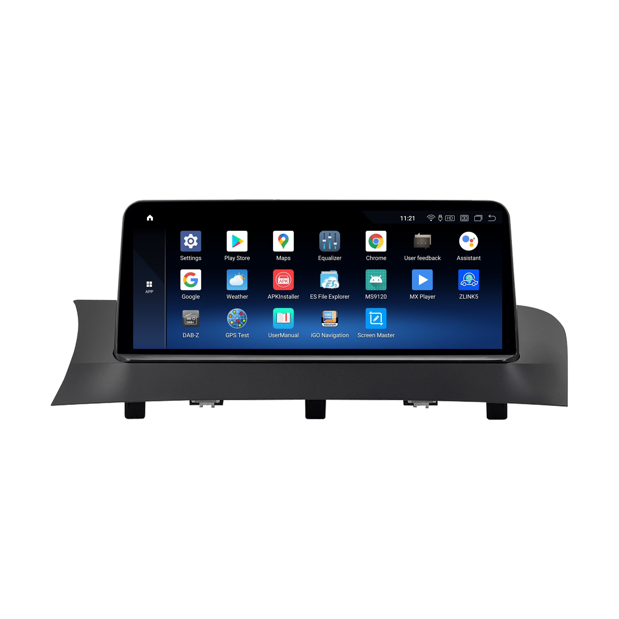 Auto-Multimedia-System mit Touchscreen, das Apps und Einstellungen zeigt.