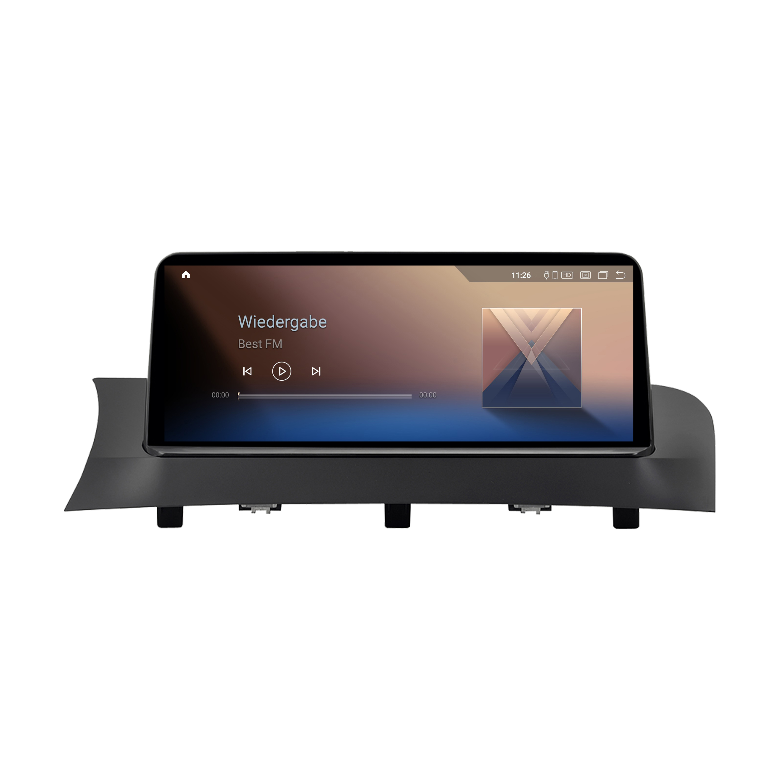 Auto-Multimediasystem mit schwarzem Rahmen und Bildschirm, der eine Musikoberfläche anzeigt.
