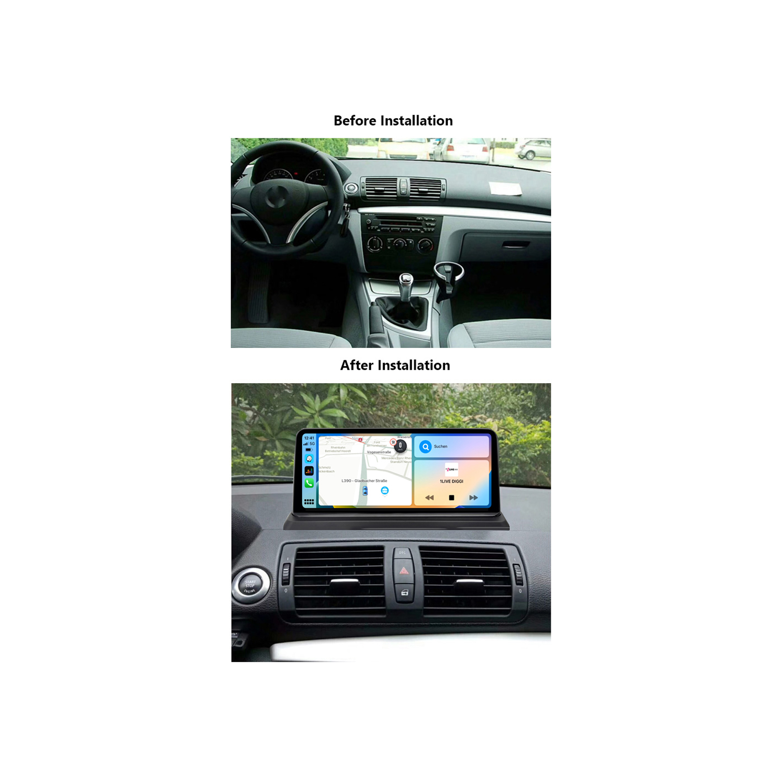 Bildvergleich: Vor und nach der Installation eines Navigationssystems im Auto. Der Navigationsbildschirm ist sichtbar.