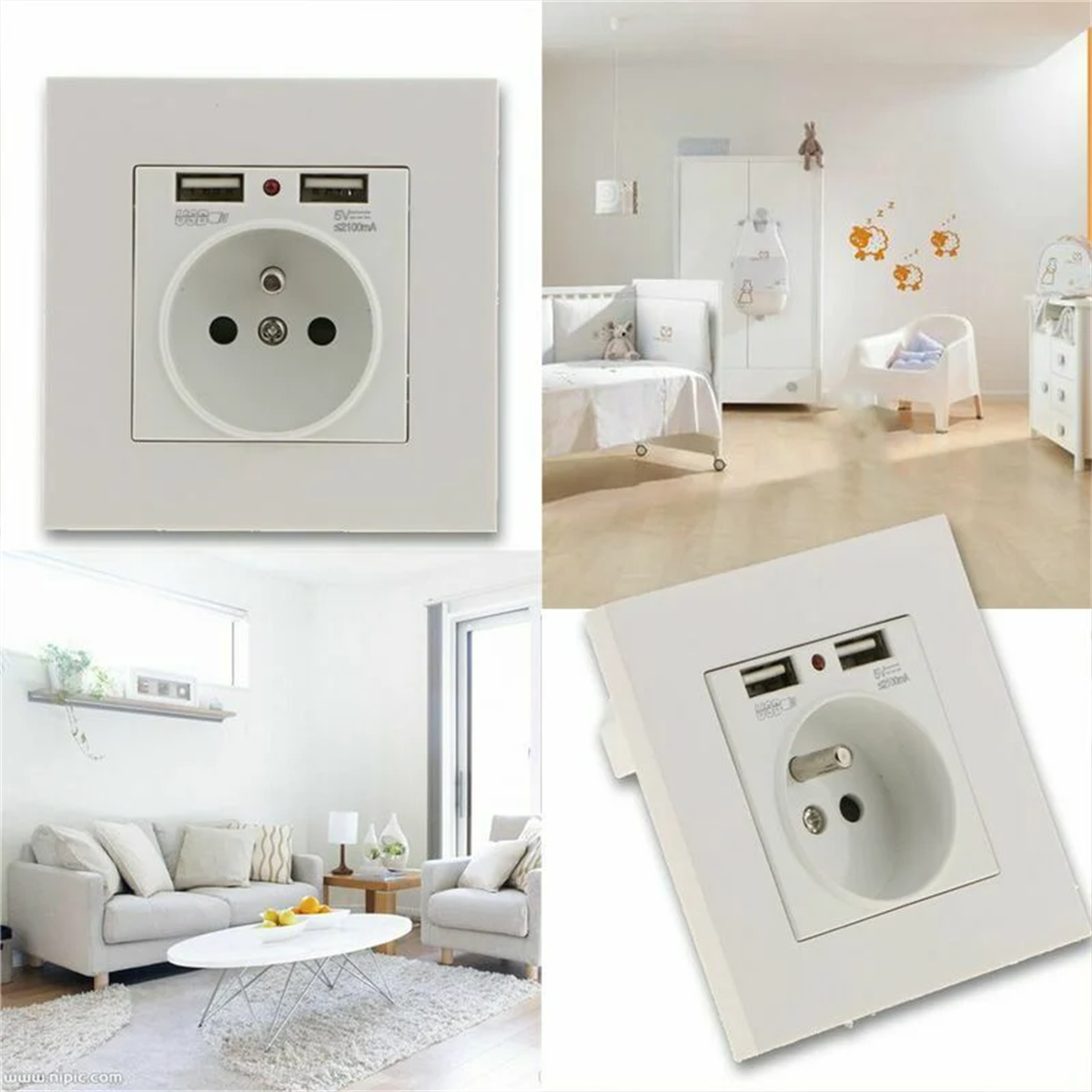 Weiße Steckdose mit USB-Anschlüssen. Weiße Wand. Innenaufnahmen von Räumen.