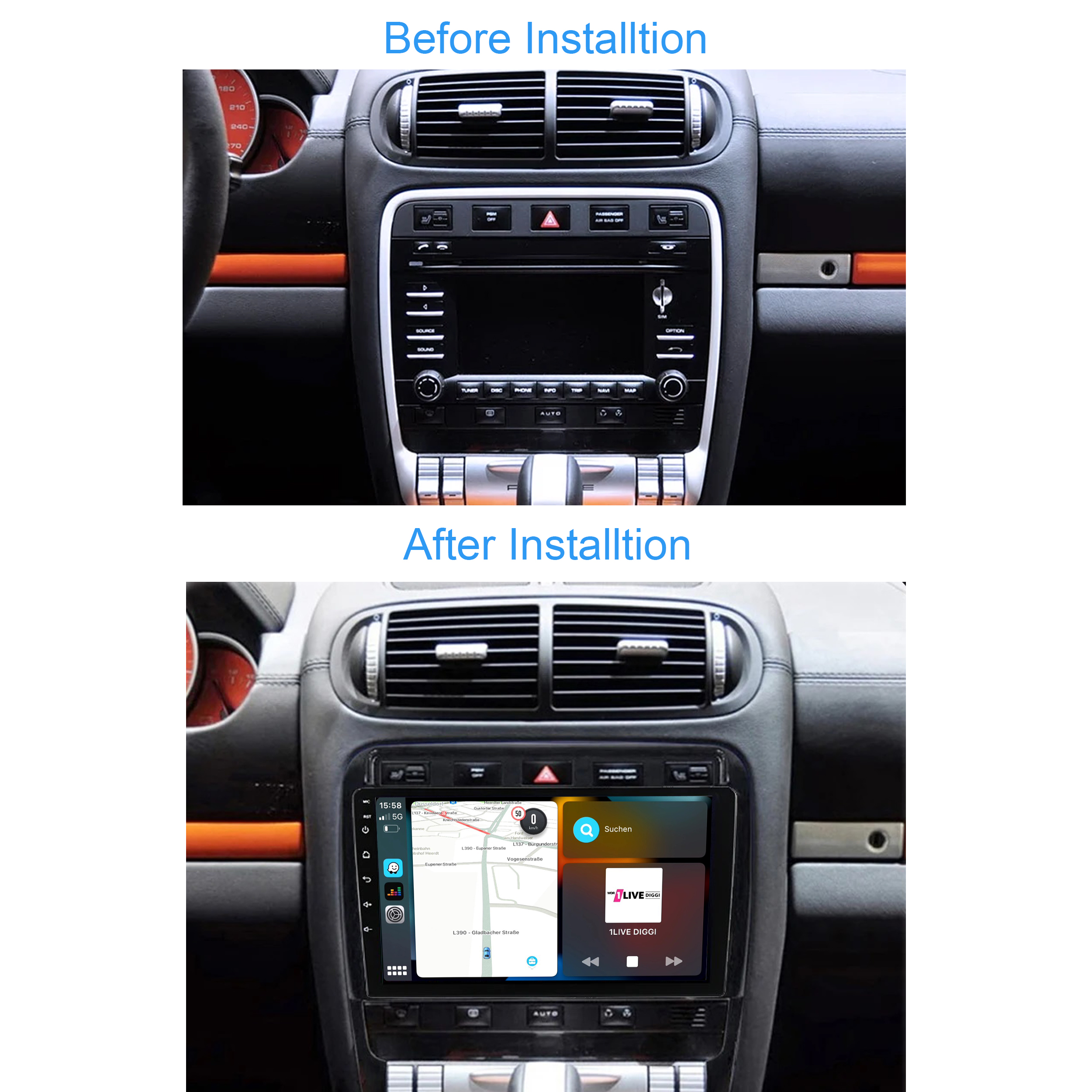 Armaturenbrett vor und nach der Installation eines Multimedia-Systems mit Navigation.