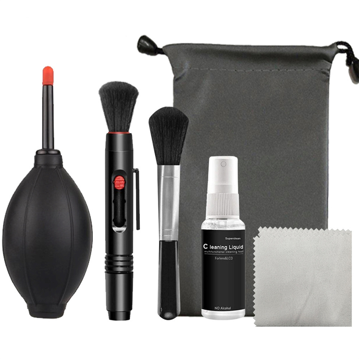 Kamera-Reinigungsset mit Blasebalg, Bürsten, Reinigungsflüssigkeit und einem Tuch, alles in einer Tasche.