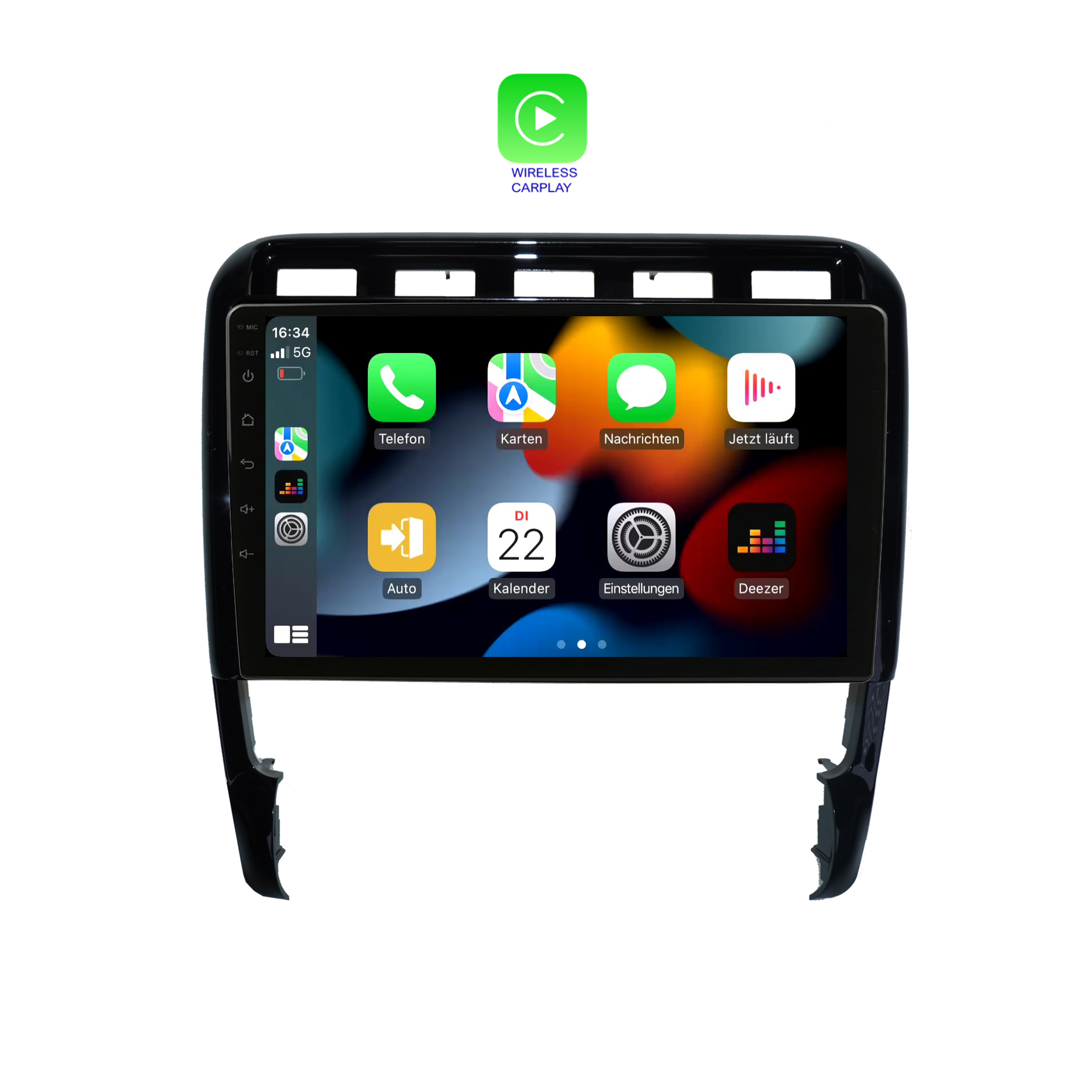 Bildschirm des Auto-Multimedia-Systems zeigt App-Symbole, mit einem drahtlosen CarPlay-Symbol oben, schwarzer Rahmen.