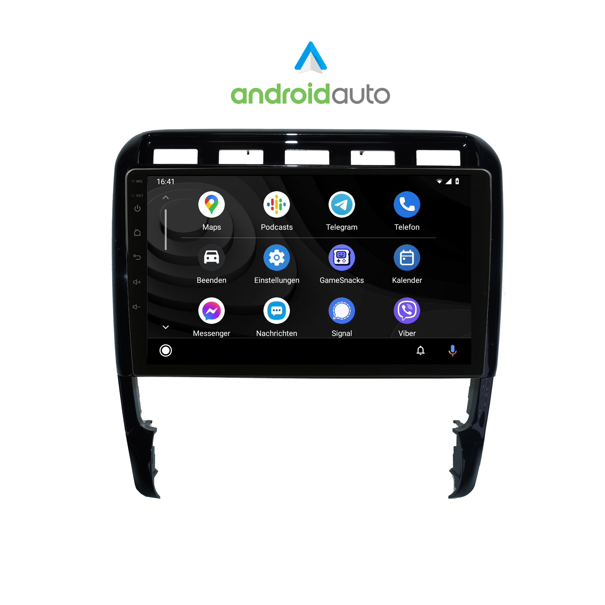 Ein Auto-Bildschirm zeigt eine Android Auto-Oberfläche mit App-Symbolen in einem schwarzen Rahmen.