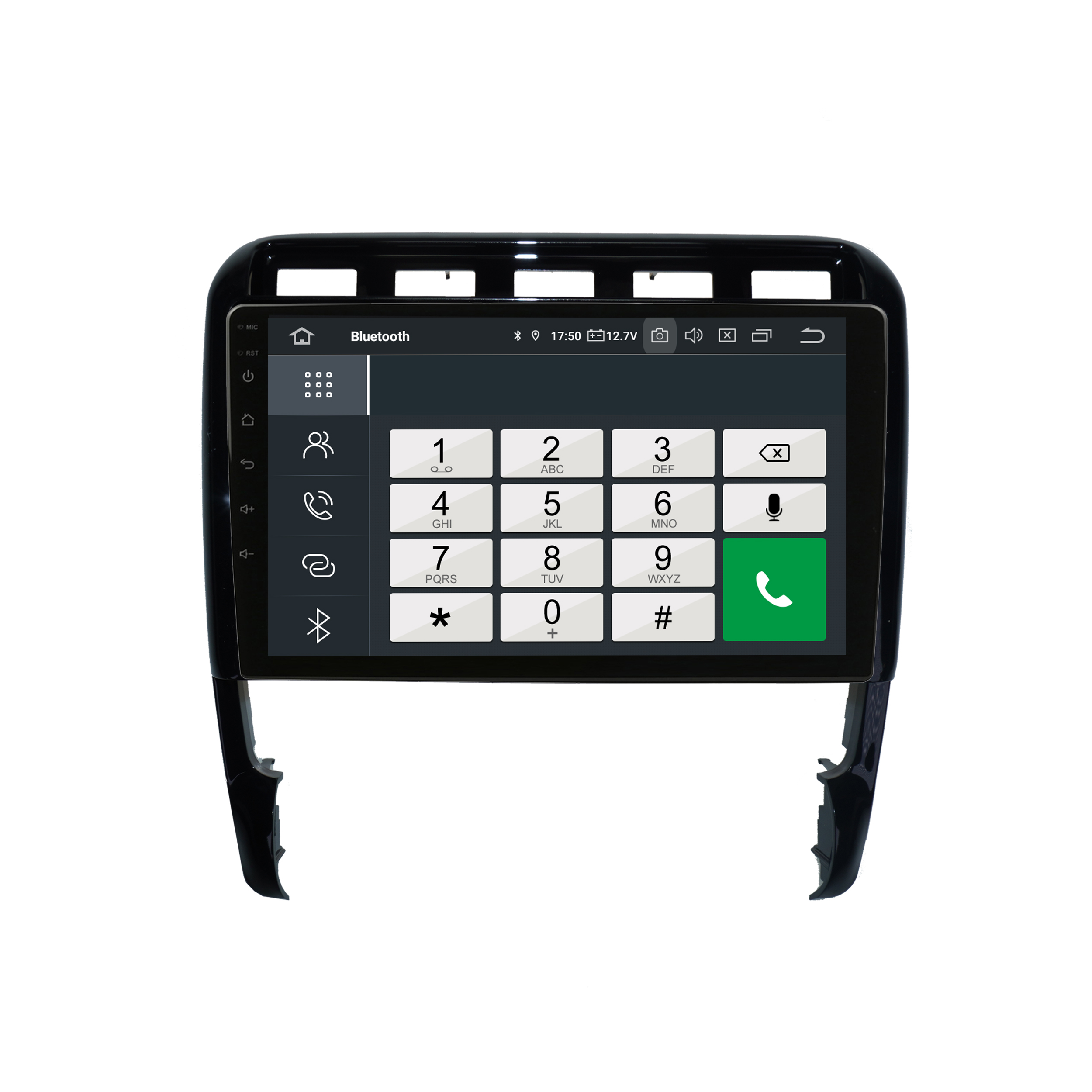 Auto-Multimedia-System mit Touchscreen, Wähltastatur und schwarzem Rahmen.