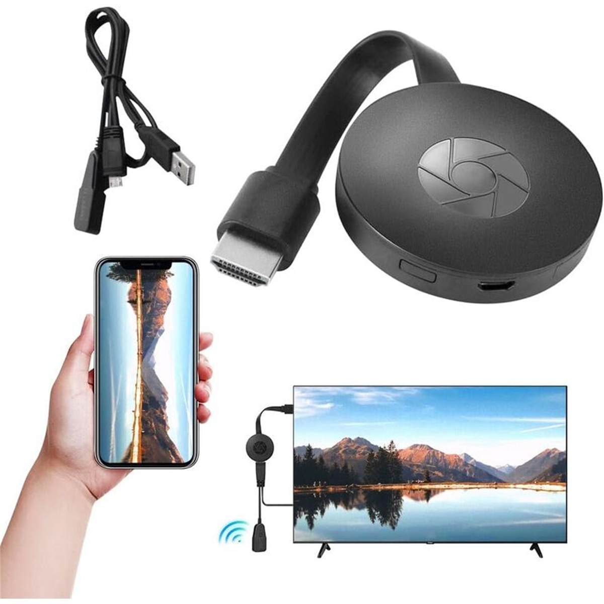 Ein Chromecast und ein Telefon werden angezeigt. Ein Fernseher ist im Hintergrund. Schwarz und Weiß sind sichtbar.