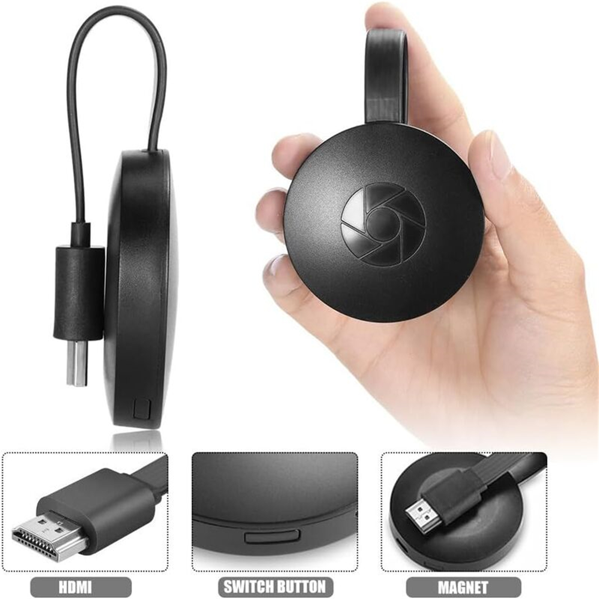 Schwarzes Chromecast-Gerät mit Kabel und Details. Es wird in einer Hand gehalten.
