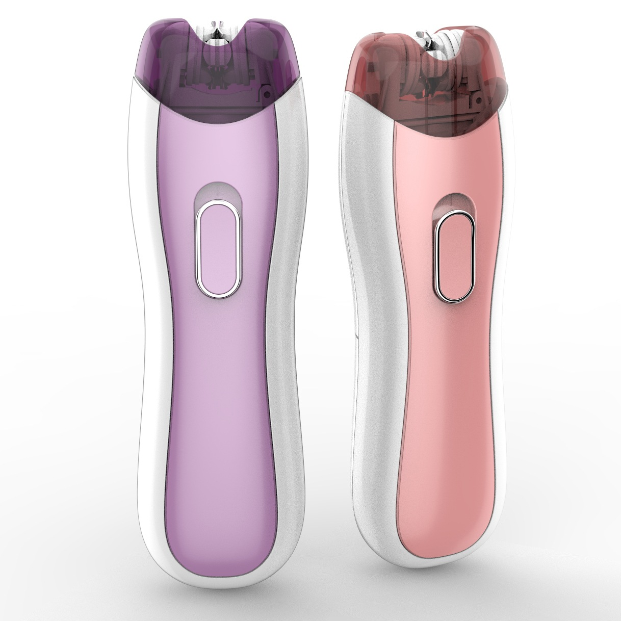Zwei Epilierer, einer lila und einer rosa, mit weißen und silbernen Akzenten.