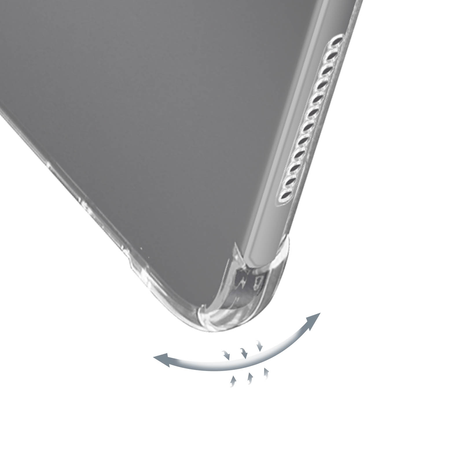 Eine transparente Tablethüllen-Ecke, die das stoßdämpfende Design mit Pfeilen zur Kraftabsorption zeigt.