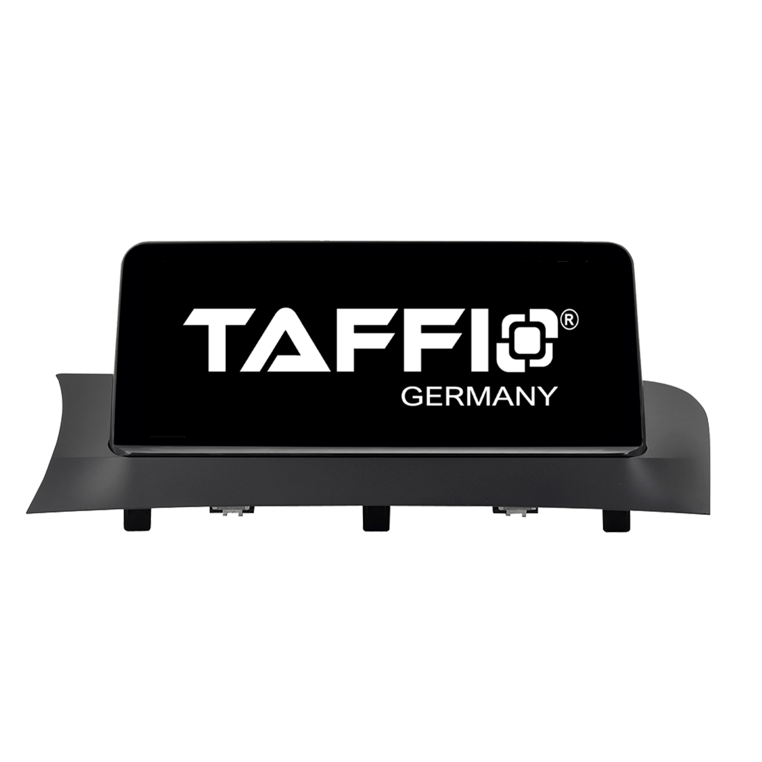 Ein schwarzer Auto-Bildschirm mit dem Text TAFFIO GERMANY auf weißem Hintergrund.