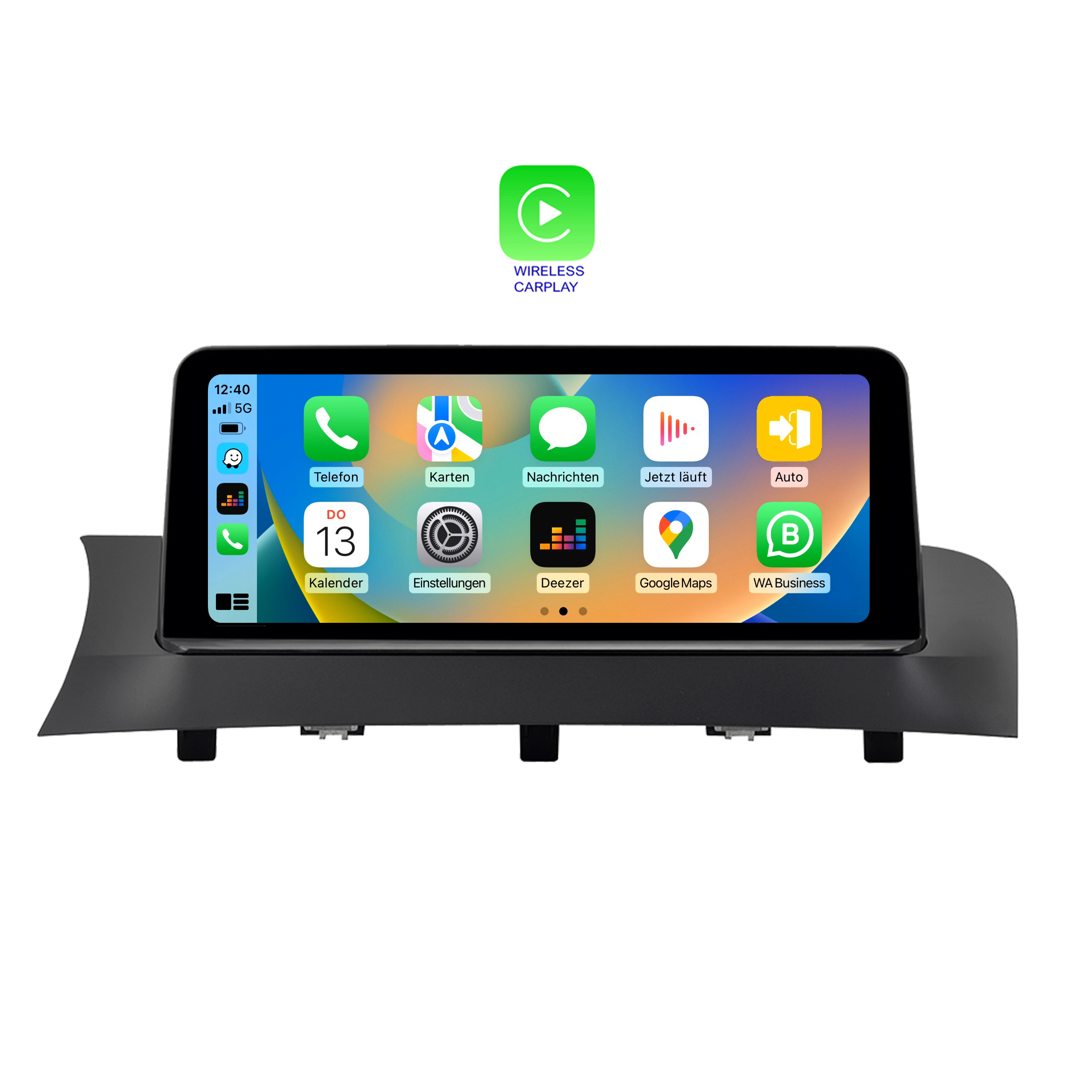 Auto-Bildschirm mit Navigationsschnittstelle, App-Symbolen und Wireless CarPlay-Logo oben rechts.