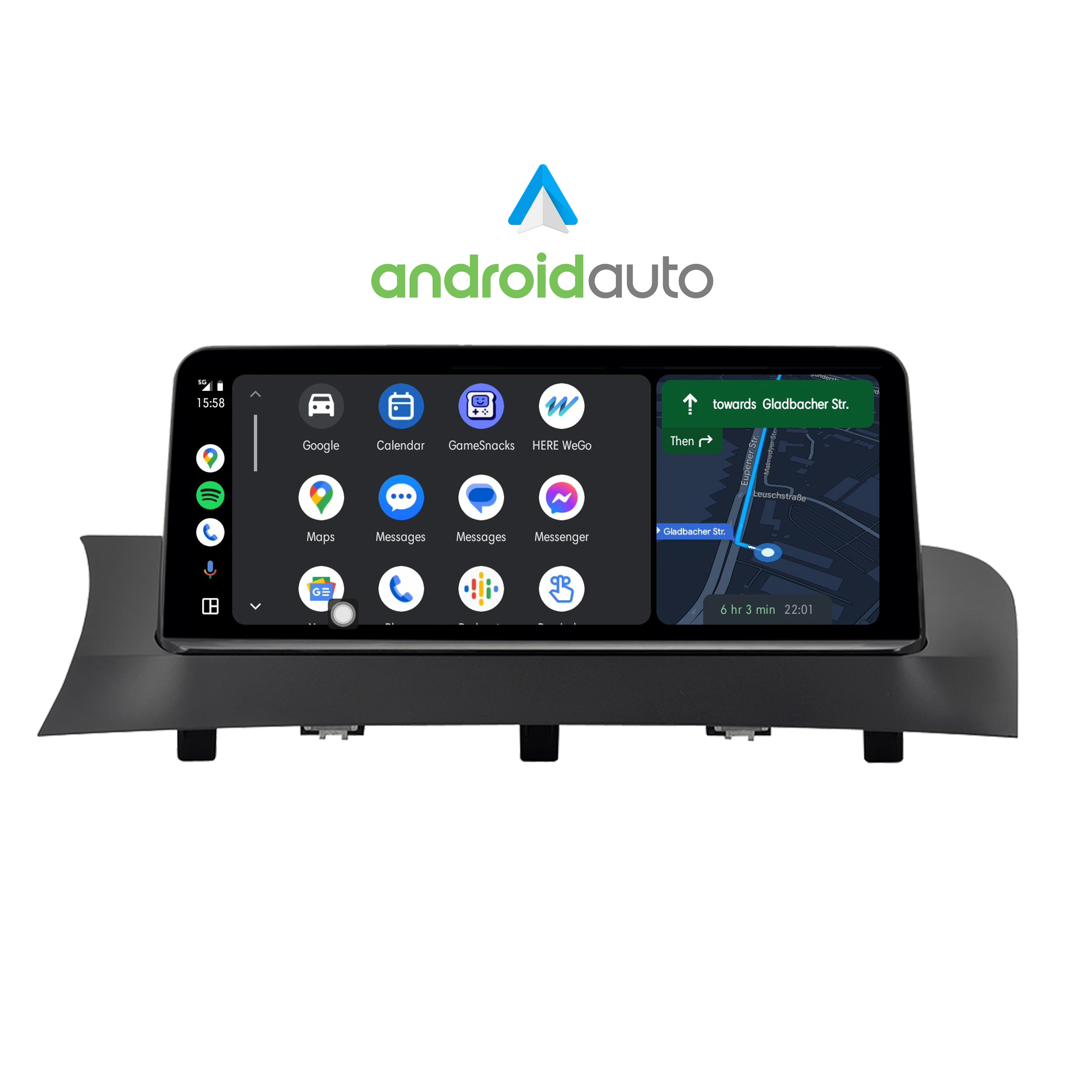 Auto-Navigationsbildschirm, der die Karte zeigt. Android Auto Logo oben. Schwarzes Armaturenbrett.