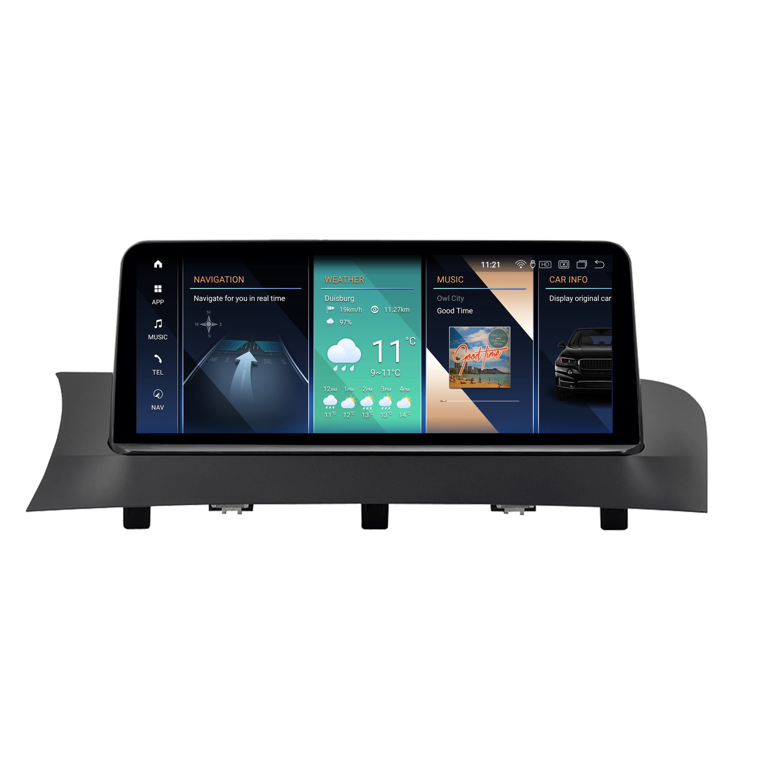 Bildschirm des Auto-Multimediasystems. Zeigt Navigation, Wetter, Musik und Fahrzeuginfos.