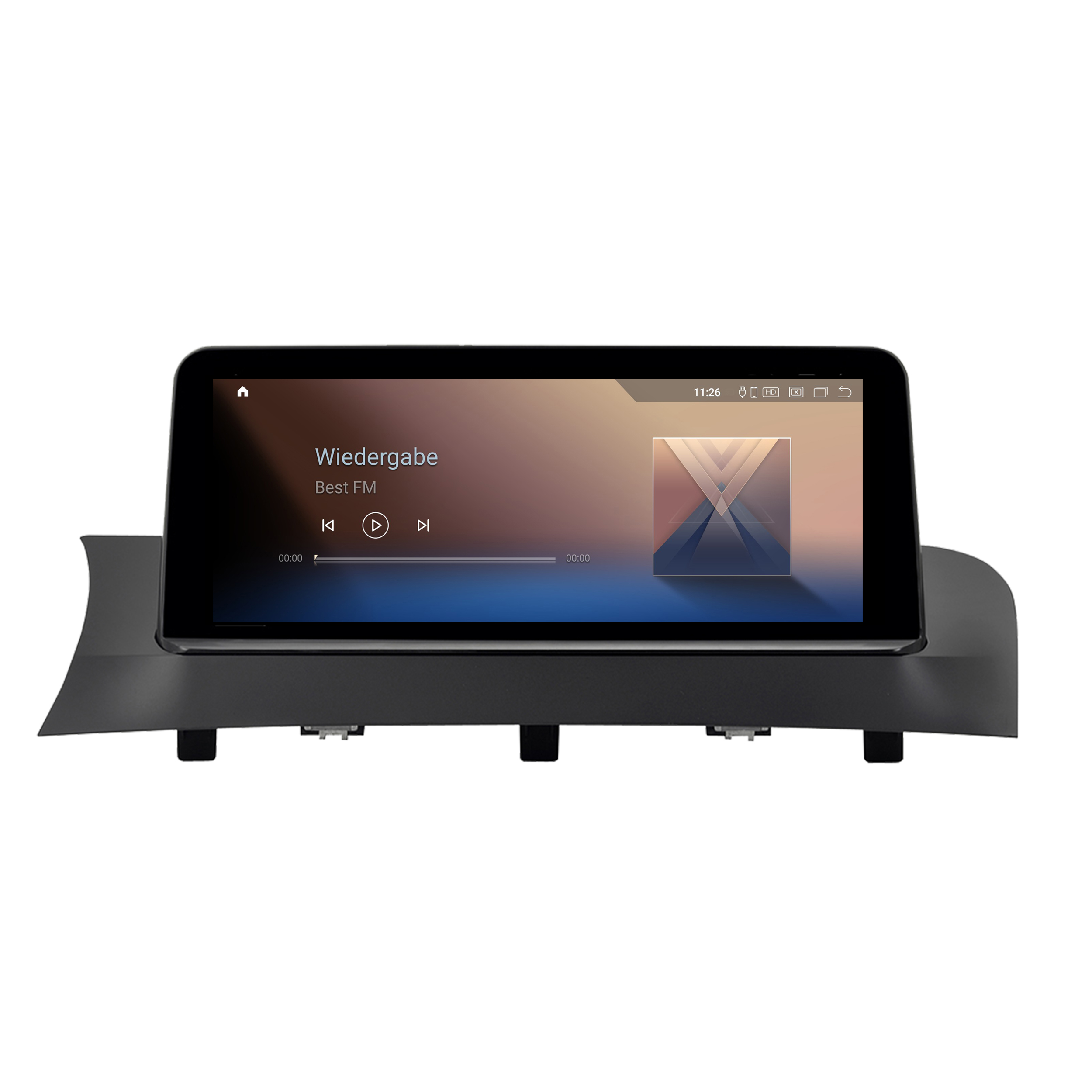 Autoradio-Bildschirm mit Musikplayer-Oberfläche in einem schwarzen Rahmen.