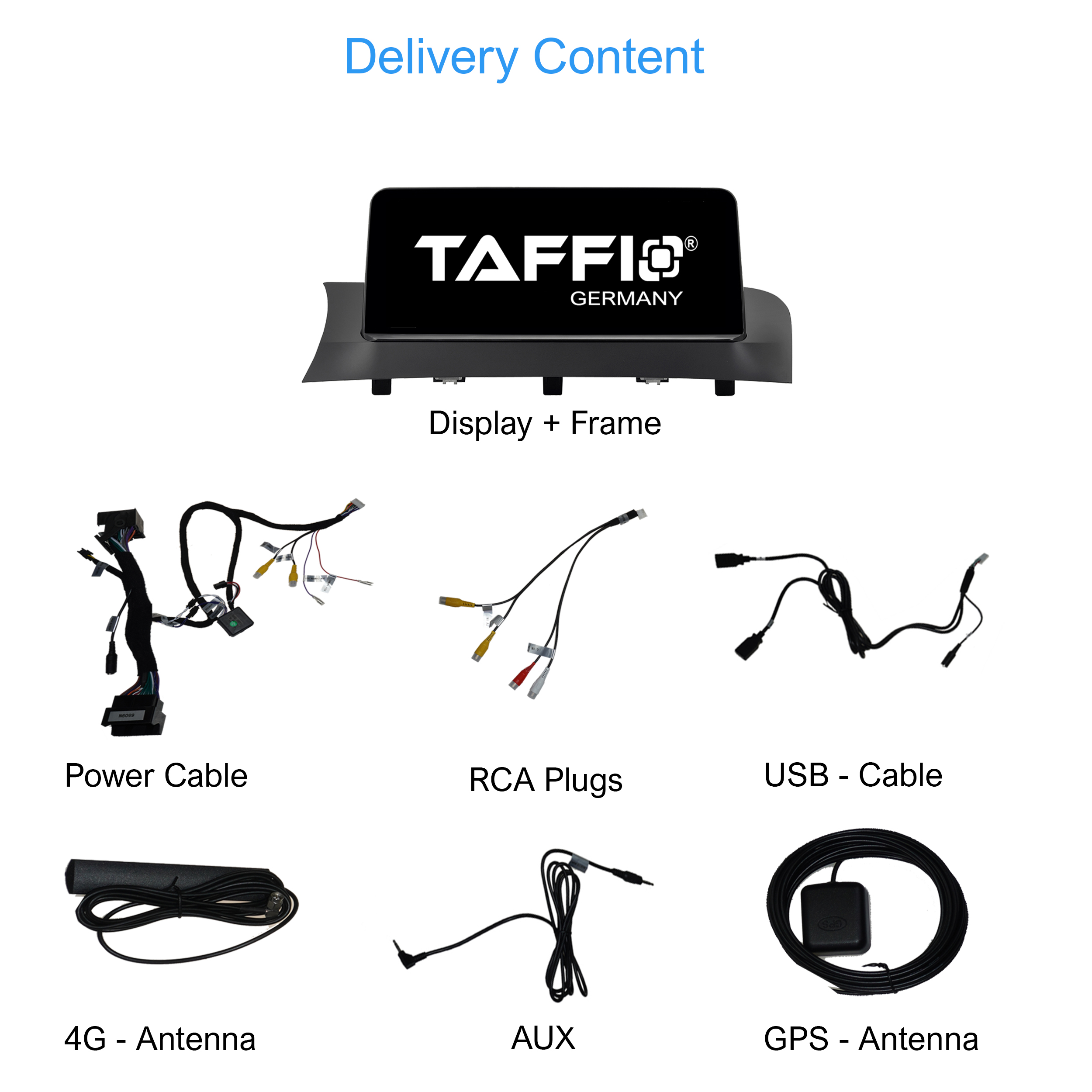 Ein Auto-Display, Kabel und Zubehör, die Komponenten des Car-Multimedia-Systems zeigen.