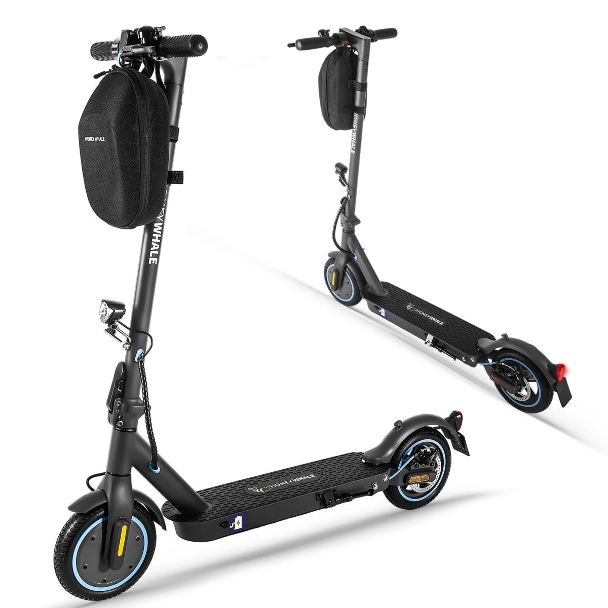 Scooter elettrici neri, uno con borsa, l'altro senza, su sfondo bianco.
