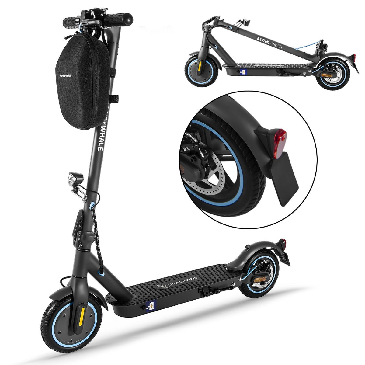 Scooter elettrico nero con dettagli blu. Include una borsa e dettagli della ruota e della coda.