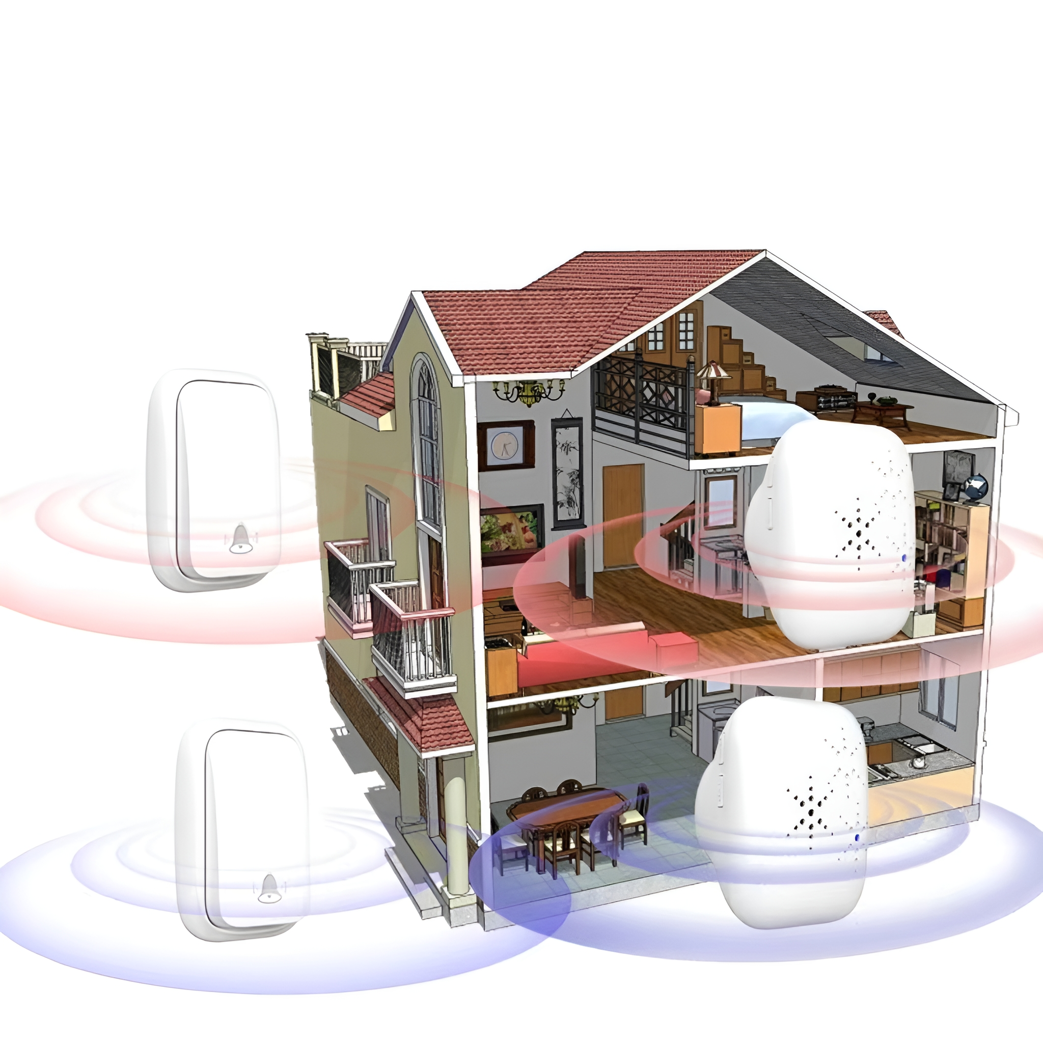 Schnittmodell eines Hauses mit drahtlosen Türklingeln und zwei Empfängern. Zeigt Signale rund um das Haus.