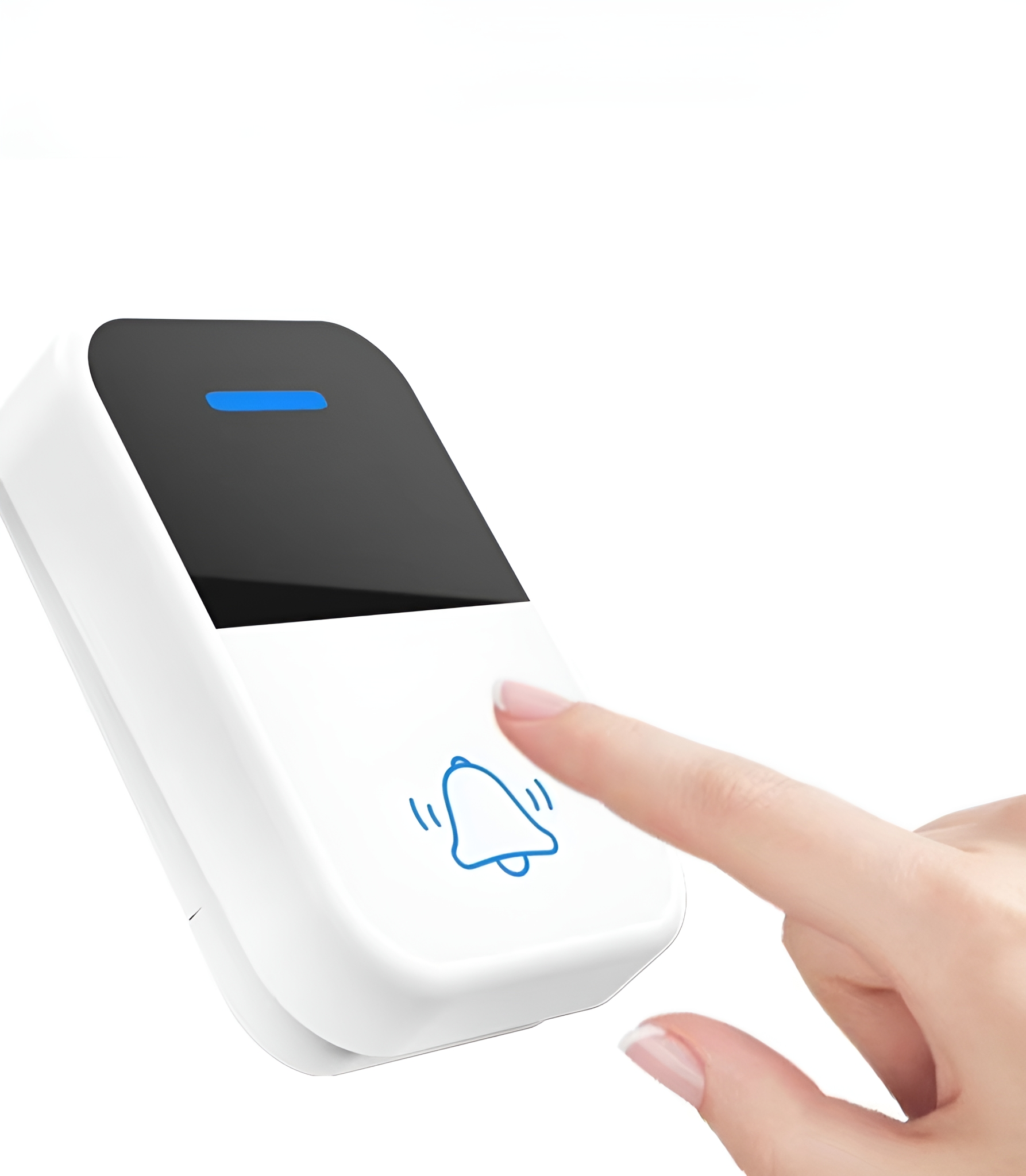 Weißer Türklingelknopf mit einem Finger, der ihn drückt. Ein Glockensymbol ist auf dem Knopf.