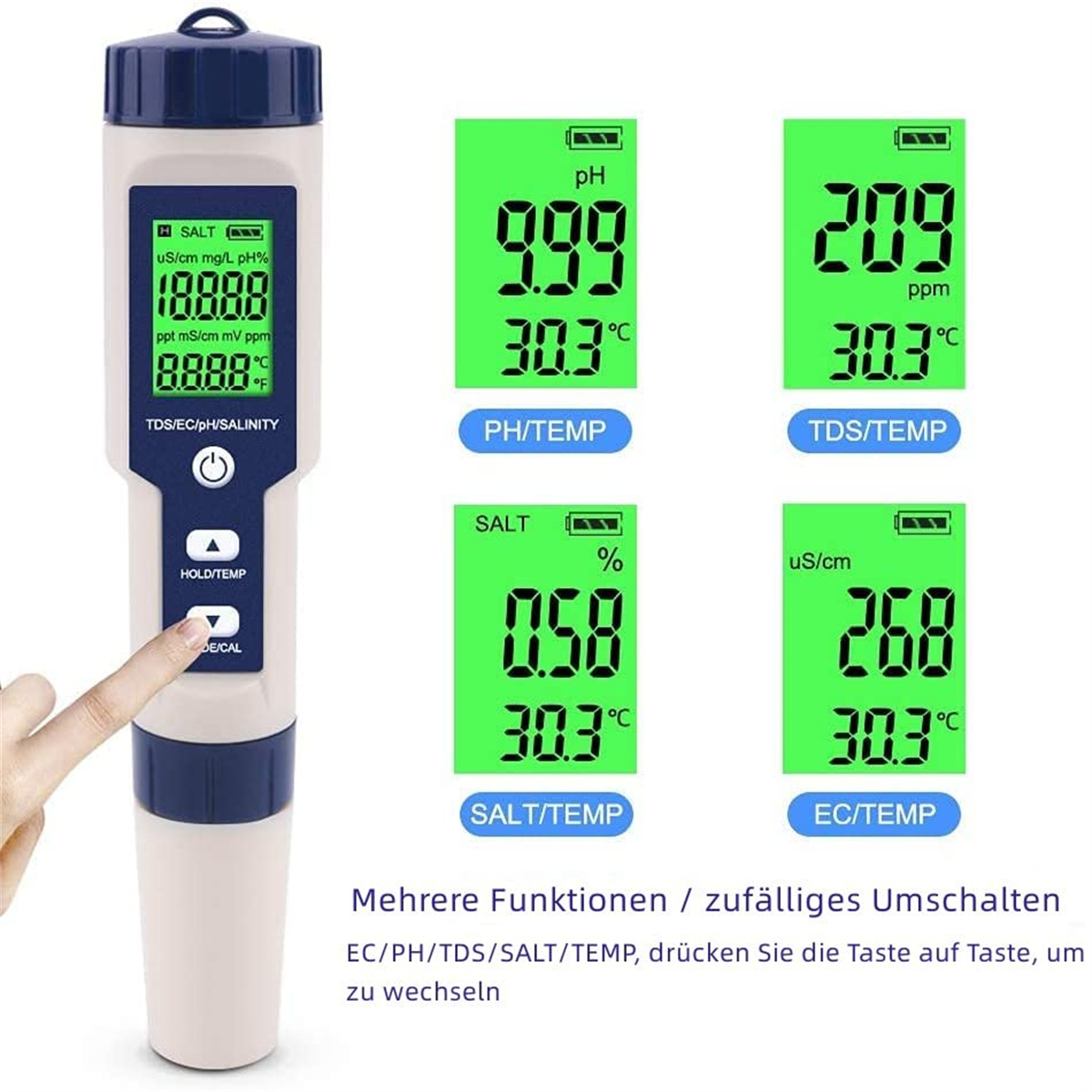 Ein Handgerät mit mehreren Bildschirmen, die Messwerte anzeigen, und ein Finger, der eine Taste drückt.