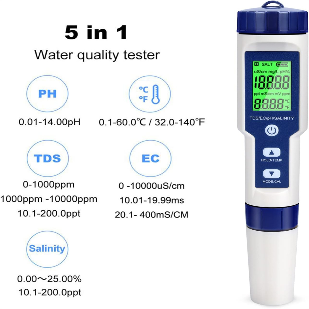 Ein 5-in-1-Wasserqualitätsprüfer mit digitaler Anzeige und verschiedenen Messskalen.