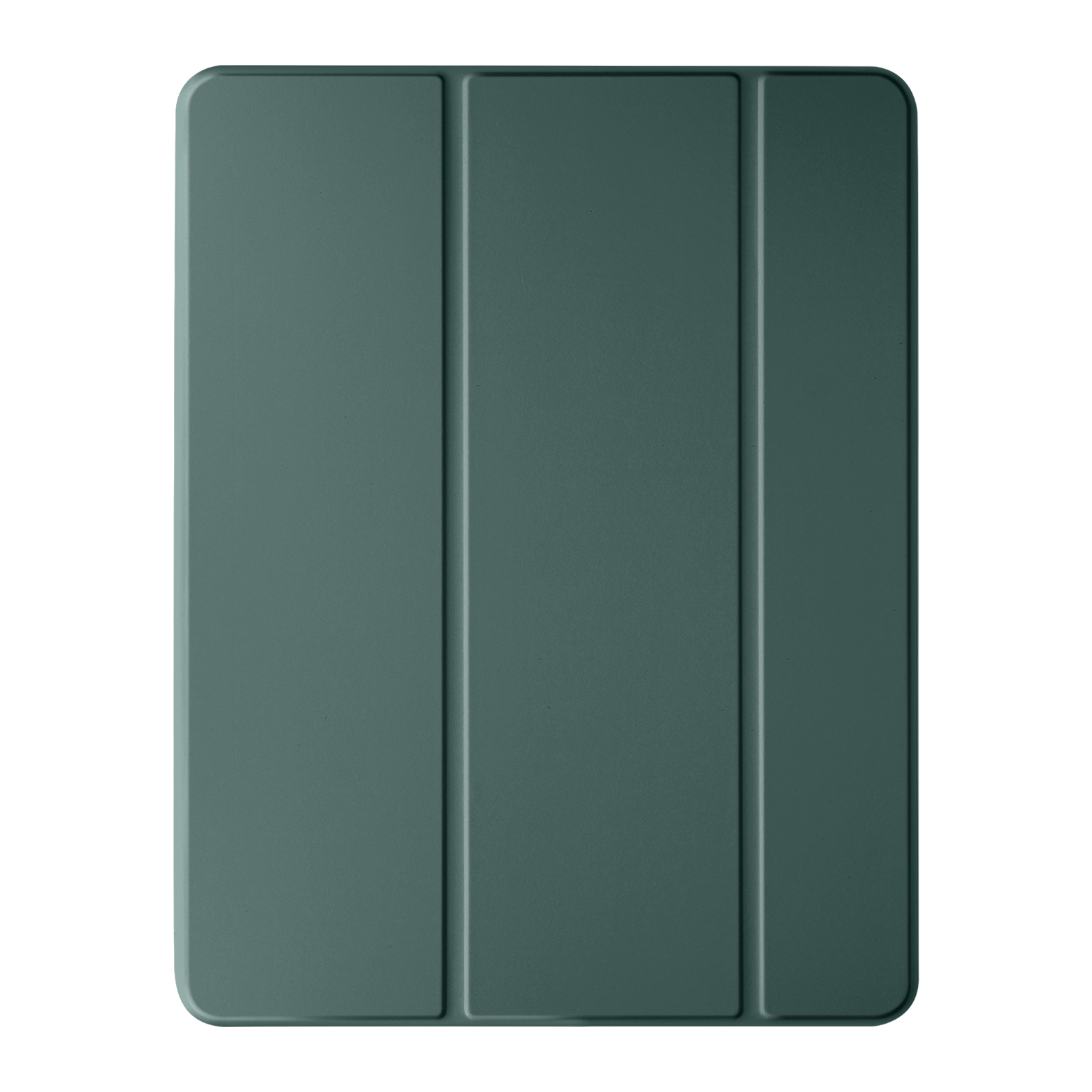 Custodia per tablet verde piegata. La custodia ha tre pannelli. Lo sfondo è bianco.
