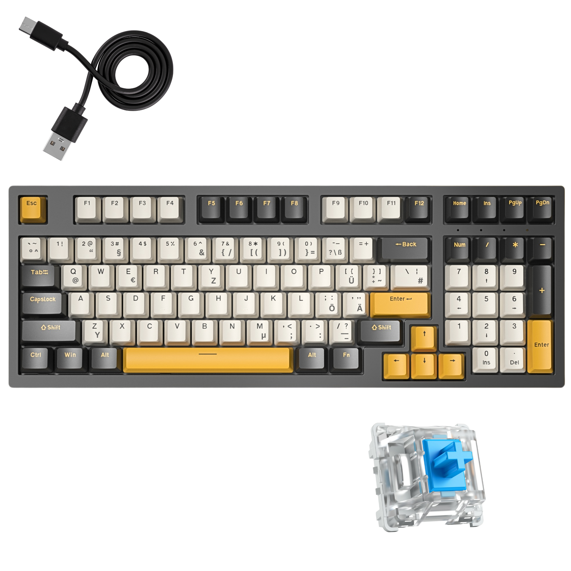 Mechanische Tastatur mit gelben Tasten, USB-Kabel und transparentem Schalter.