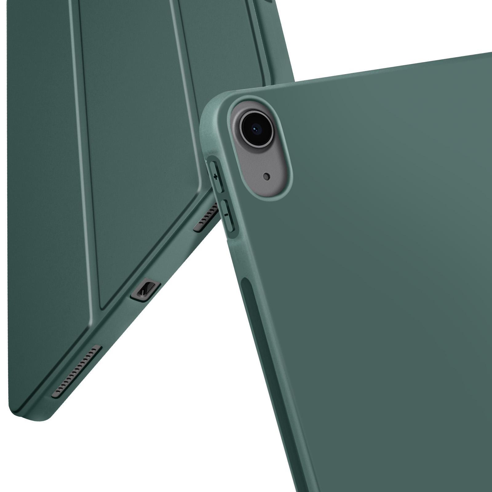 Due custodie verdi per tablet. Una chiusa, una aperta. Fotocamera e pulsanti visibili sulla custodia aperta.