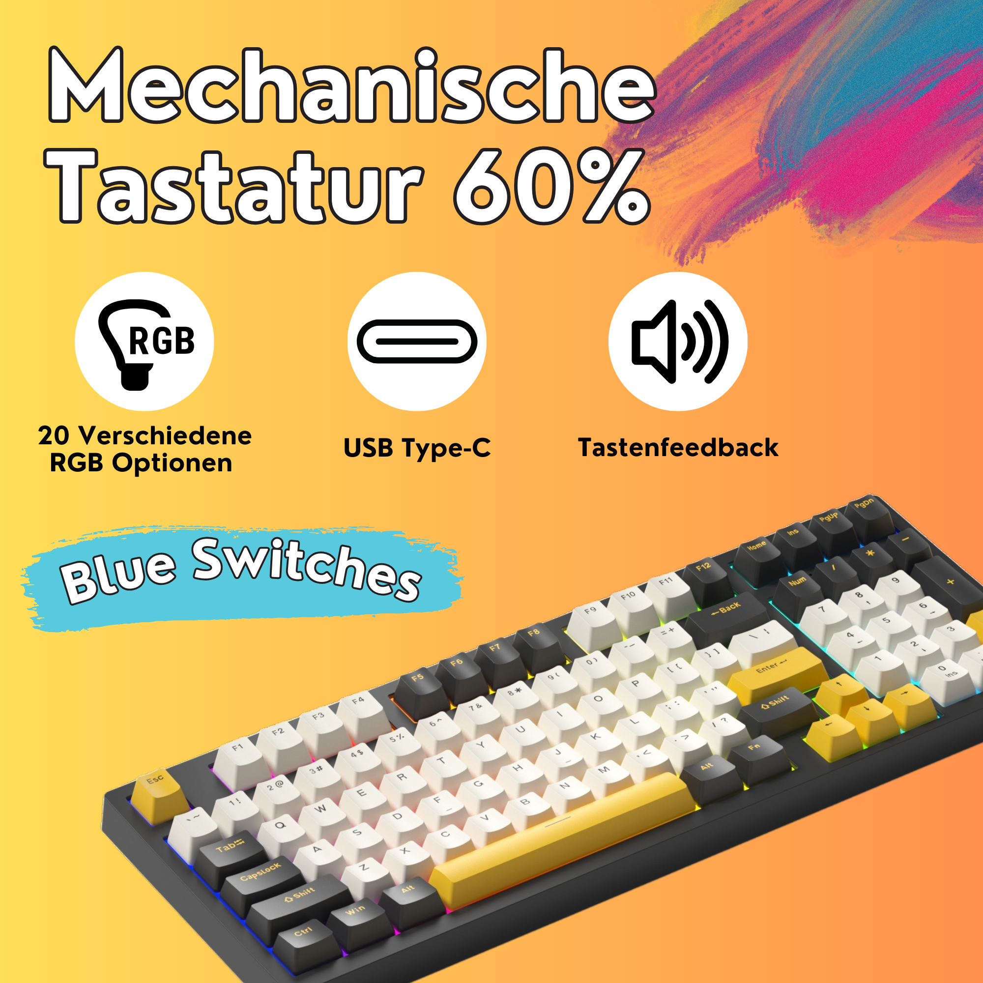 Eine schwarz-gelbe mechanische Tastatur mit weißen Tasten und blauen Schaltern.