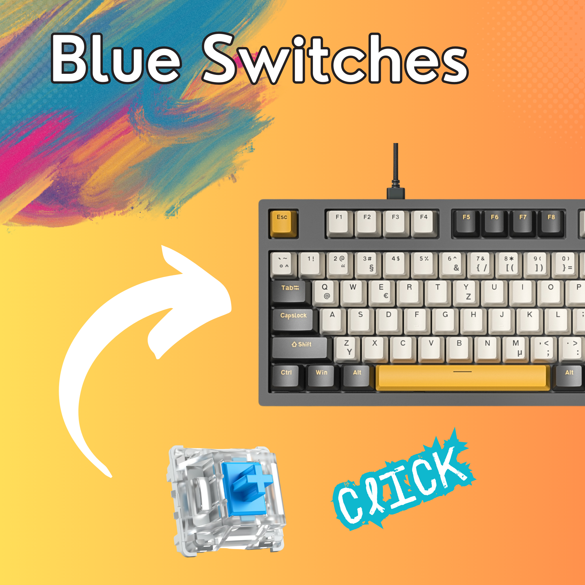 Tastatur mit blauen Schaltern. Der Pfeil zeigt auf einen blauen Schalter. Wörter: 'Blue Switches' und 'CLICK'.
