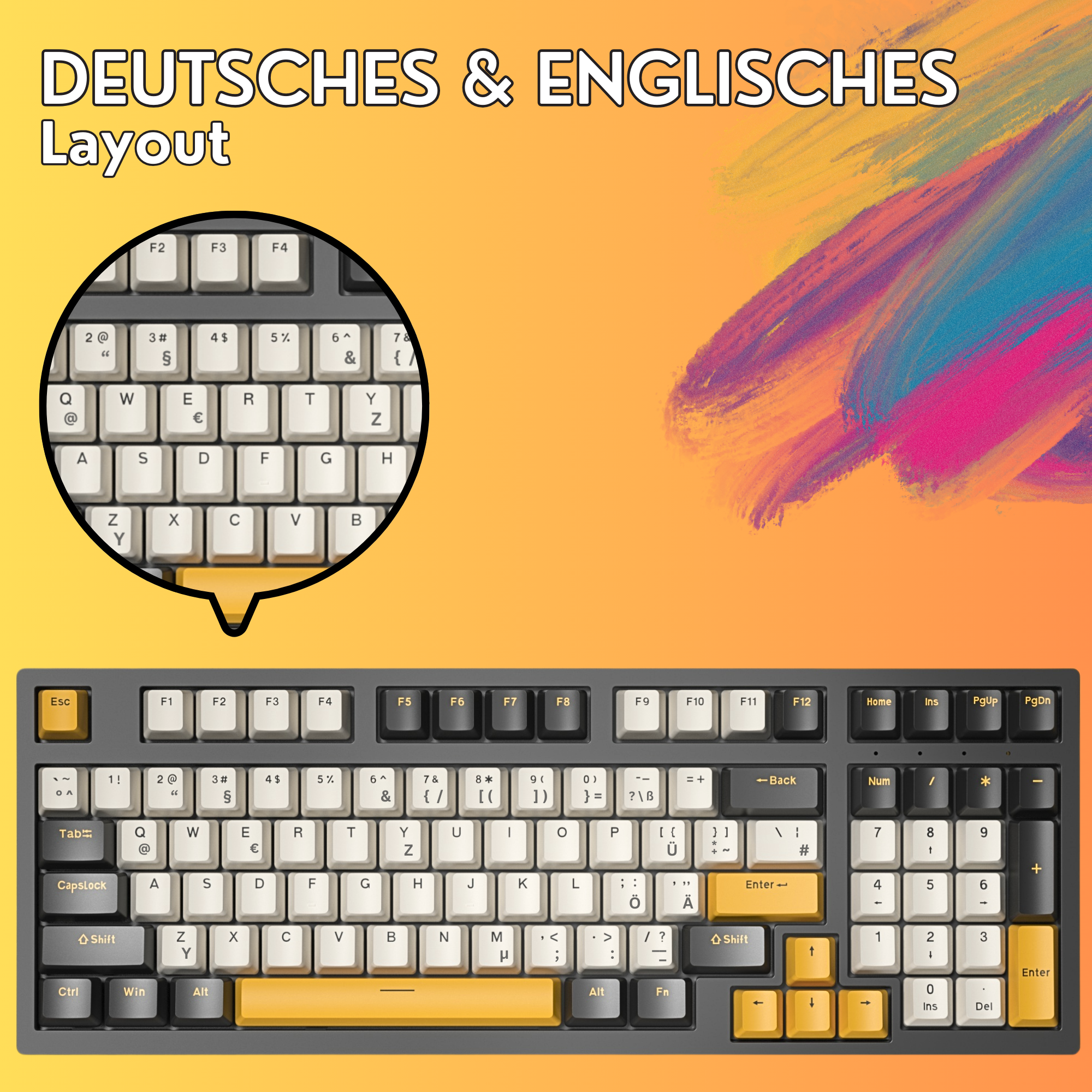 Eine Tastatur mit deutschem und englischem Layout, mit gelbem Akzent auf den Tasten.