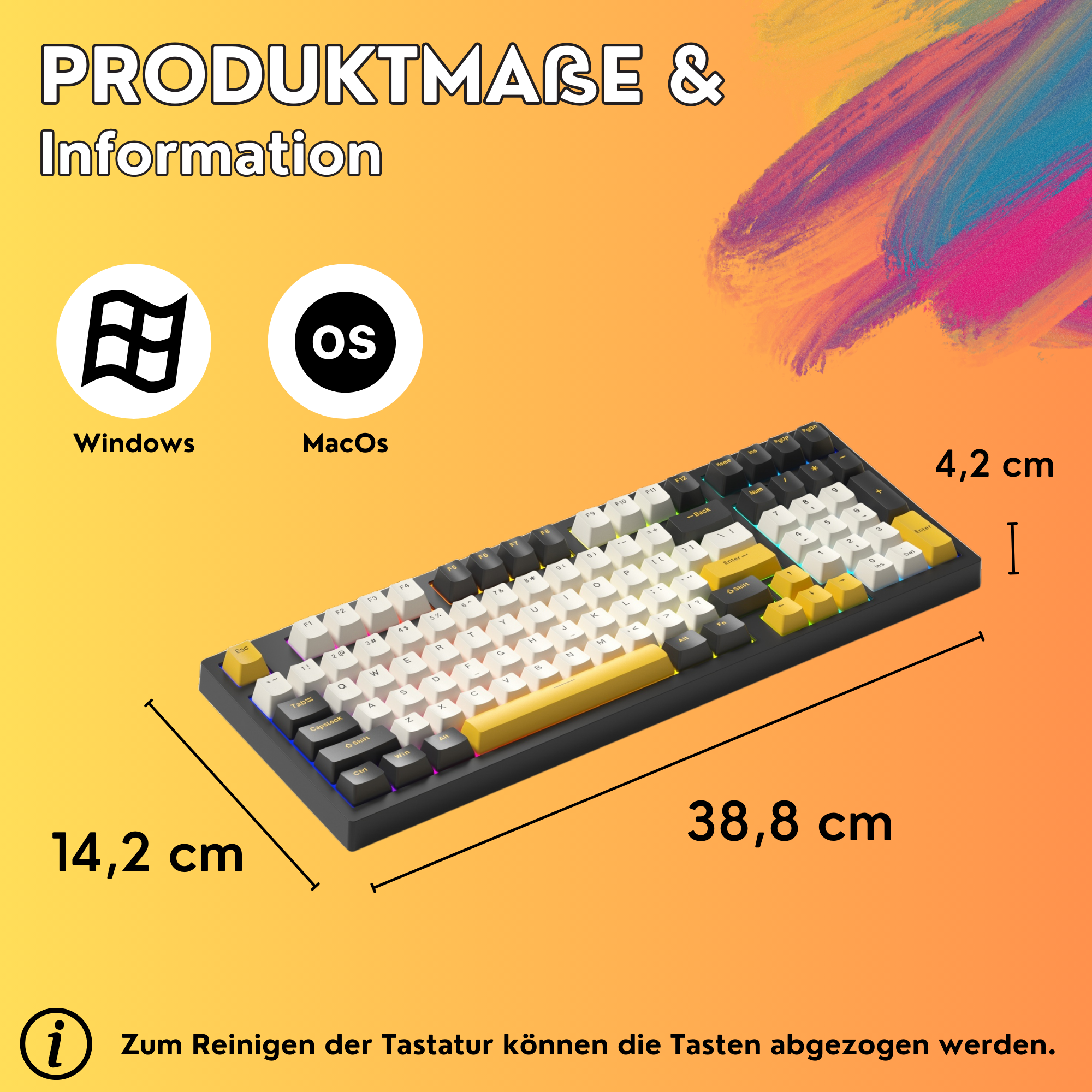 Schwarz-weiße Tastatur mit gelben Tasten, mit Abmessungen und Betriebssystemsymbolen.