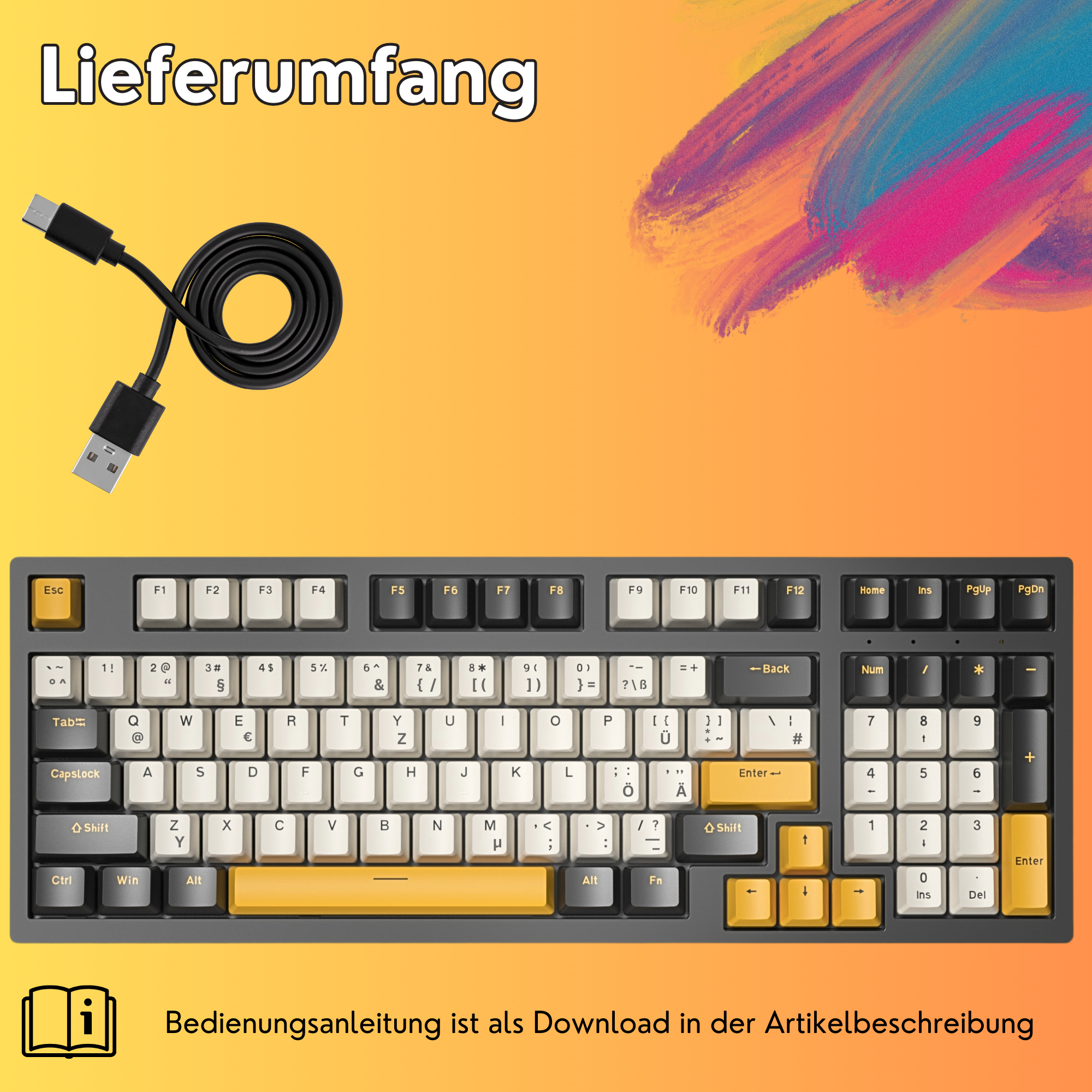 Tastatur, graue und gelbe Tasten, USB-C-Kabel. Gelber Text auf den Tasten. Schwarzes Kabel.