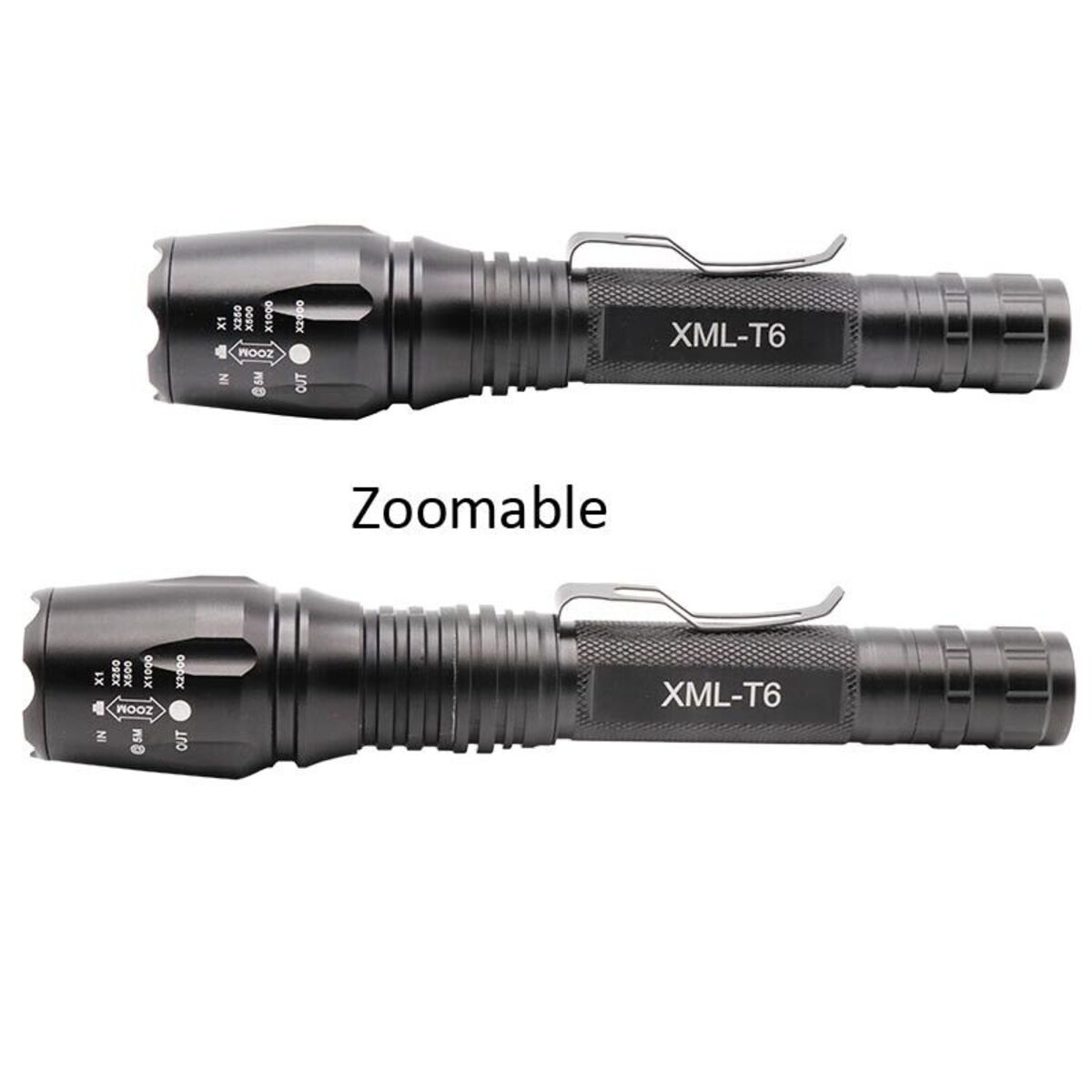 Zwei schwarze Taschenlampen mit Zoomfunktion, beschriftet XML-T6, auf weißem Hintergrund.
