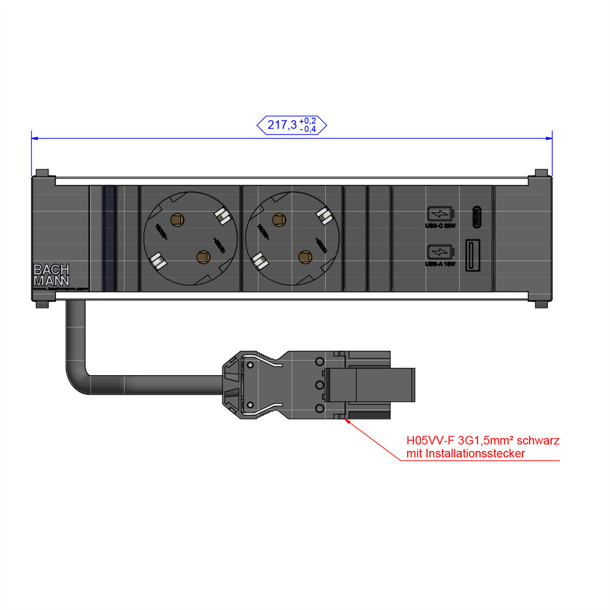 Steckdosenleiste mit Steckdosen und USB-Anschlüssen. Text: H05VV-F 3G1,5mm² schwarz mit Installationstecker.