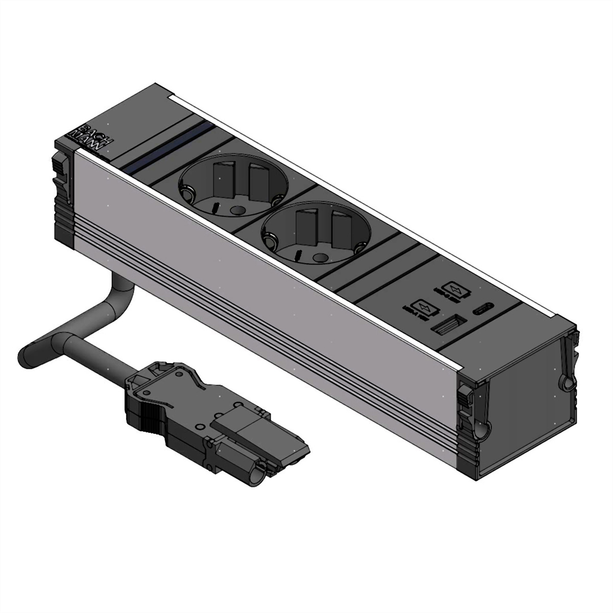 Isometrische Ansicht einer Steckdosenleiste mit zwei Steckdosen und einem Stecker.